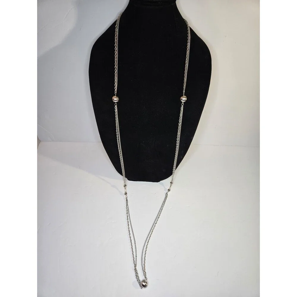Long Silver Tone Necklace Silver Tone Circular Beads